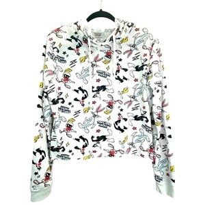 WARNER Bros Looney Tunes Cropped Hooded White Sweatshirt EUC Size M *Rare*
